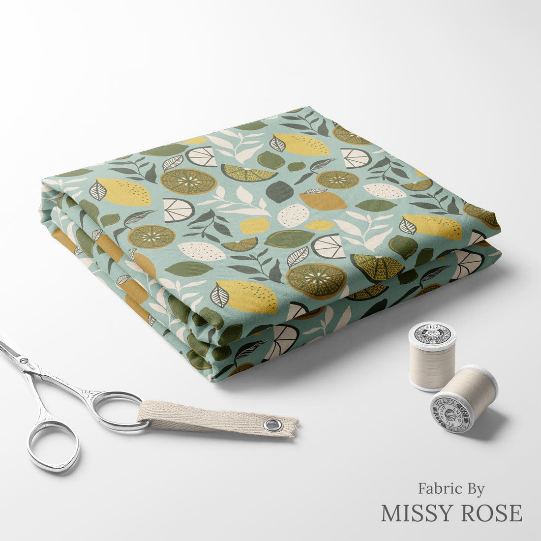 Indy Bloom Fabric Vintage Fruit Lemon Lime 05 folded fabric stack with matching thread - pre-order fabric Australia | Fabric by Missy Rose