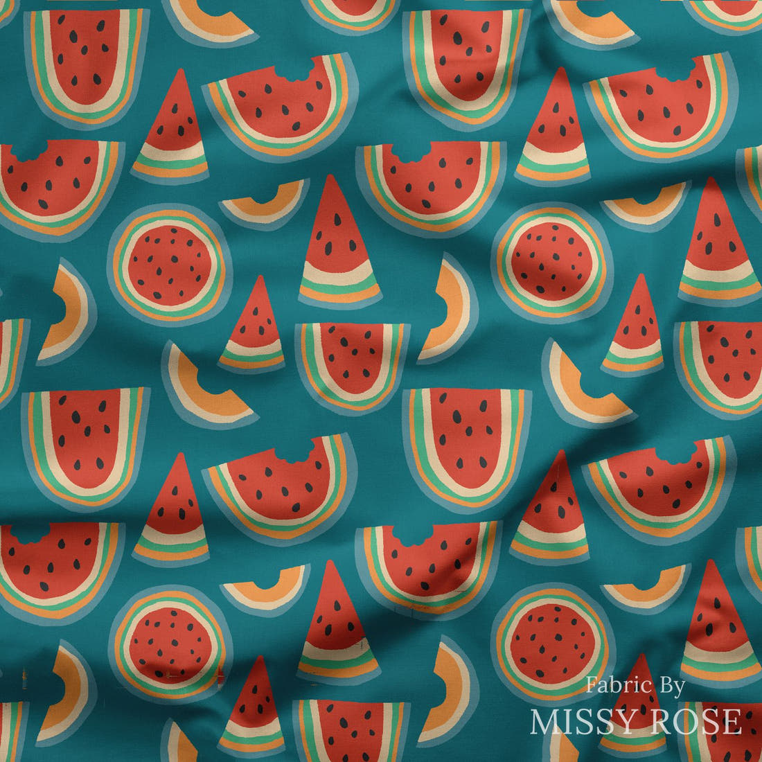Indy Bloom Fabric Vintage Fruit Melon Blue 01 draped fabric mockup - custom printed fabric by the metre | Fabric by Missy Rose