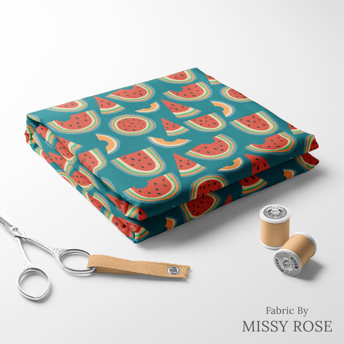 Indy Bloom Fabric Vintage Fruit Melon Blue 01 folded fabric stack with matching thread - pre-order fabric Australia | Fabric by Missy Rose