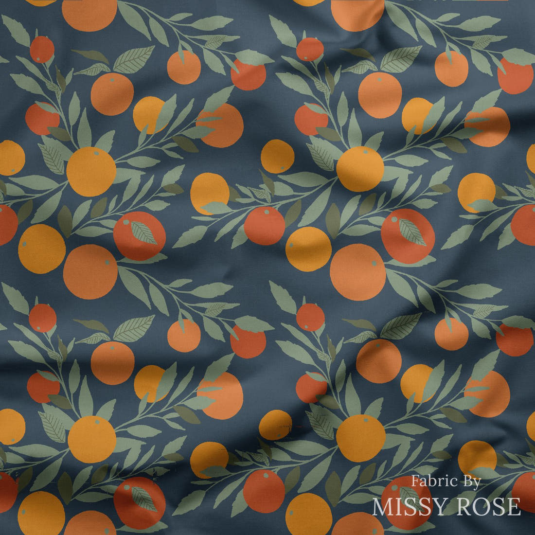Indy Bloom Fabric Vintage Fruit Navy Tangerine 09 draped fabric mockup - custom printed fabric by the metre | Fabric by Missy Rose