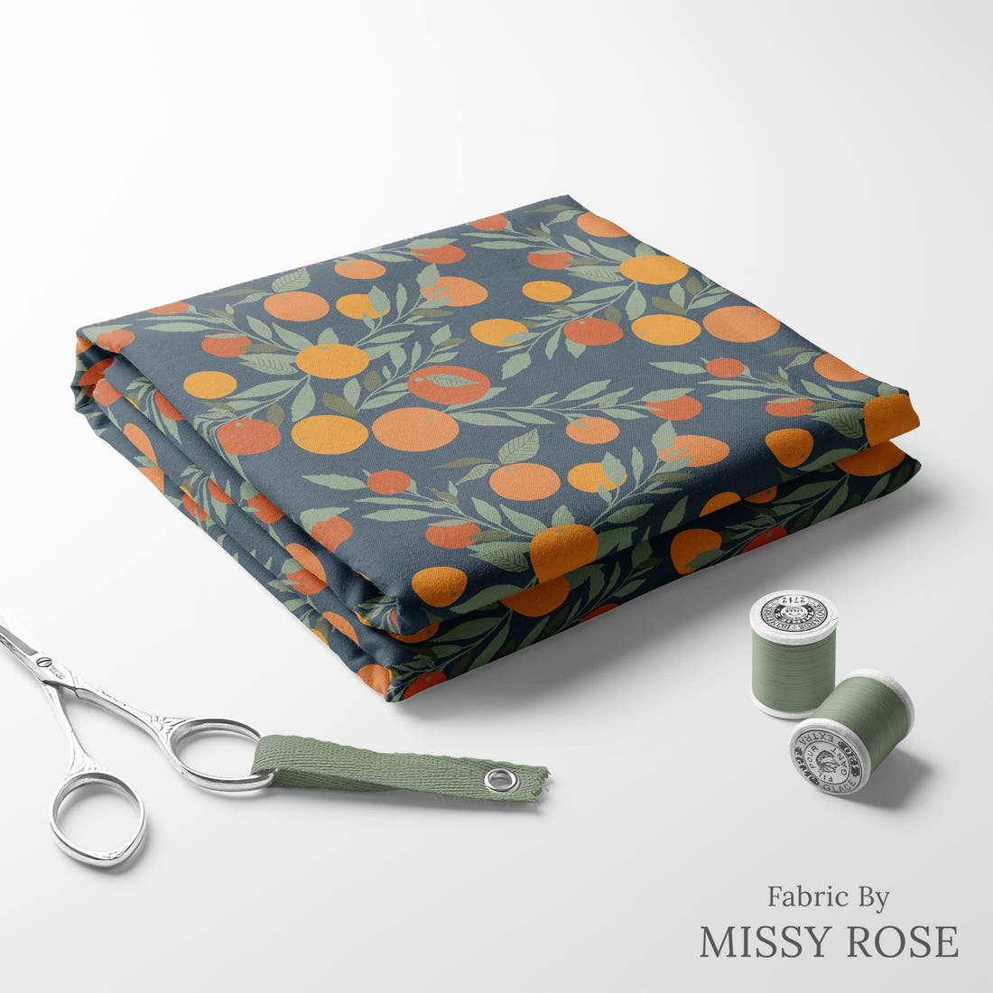 Indy Bloom Fabric Vintage Fruit Navy Tangerine 09 folded fabric stack with matching thread - pre-order fabric Australia | Fabric by Missy Rose