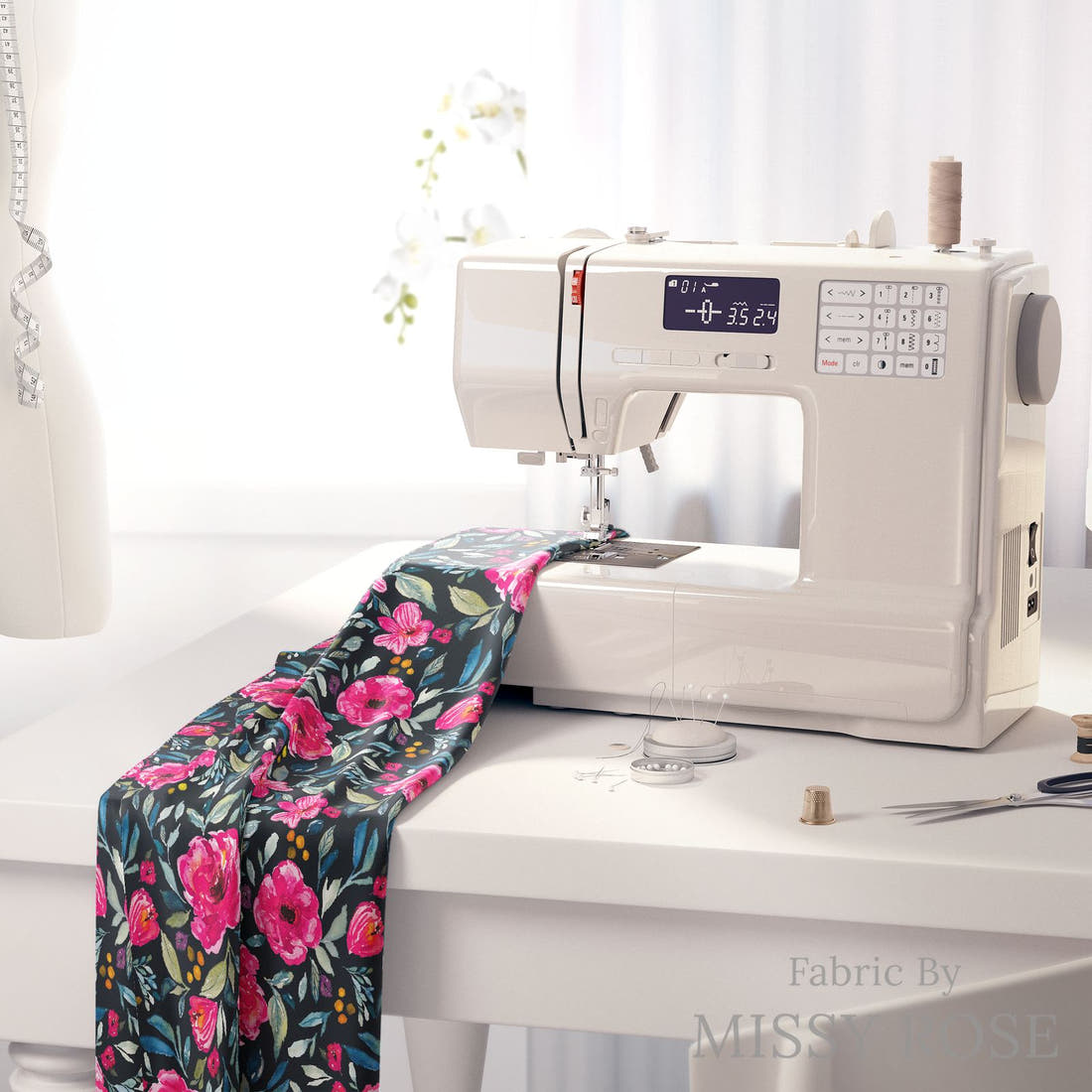 Indy Bloom Fabric Watercolour Floral Summertime Garden 49 fabric on a sewing machine - sew your own | Fabric by Missy Rose