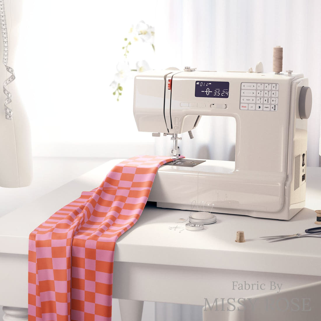 Kristina Forrest 5 on a sewing machine - premium fabric for sewing projects | Fabric by Missy Rose