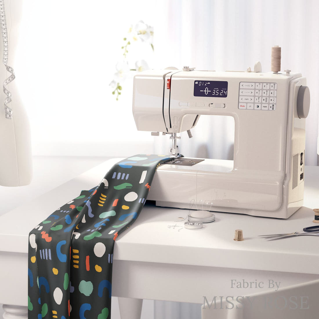 Kristina Forrest 6 on a sewing machine - premium fabric for sewing projects | Fabric by Missy Rose