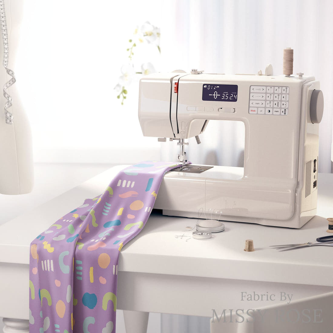 Kristina Forrest 7 on a sewing machine - premium fabric for sewing projects | Fabric by Missy Rose