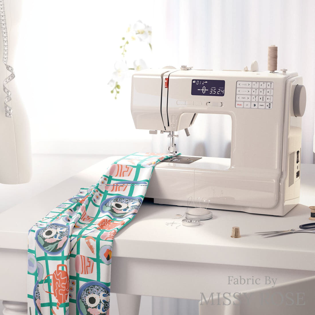 Kristina Forrest 8 on a sewing machine - premium fabric for sewing projects | Fabric by Missy Rose