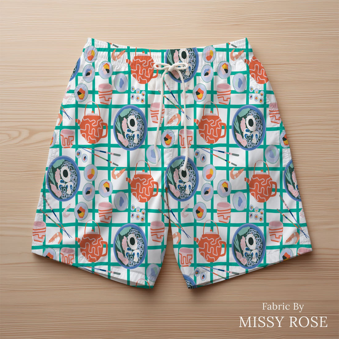 Kristina Forrest 8 sewn into swim shorts - see how the print looks made up | Fabric by Missy Rose