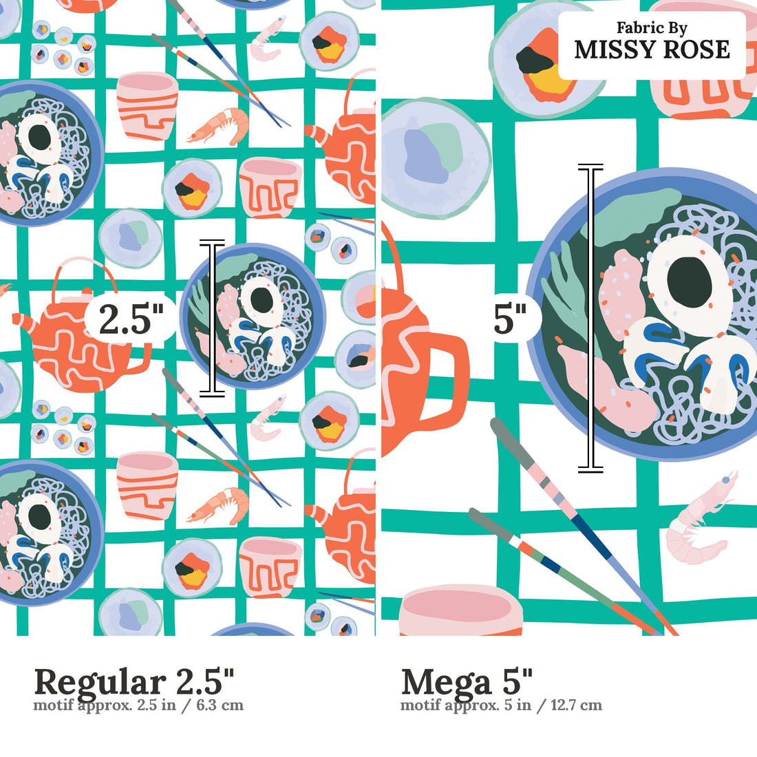 Kristina Forrest 8 Regular 2.5 inch vs Mega 5 inch print scale side by side | Fabric by Missy Rose