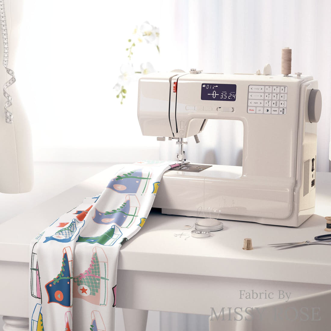 Kristina Forrest 10 on a sewing machine - premium fabric for sewing projects | Fabric by Missy Rose