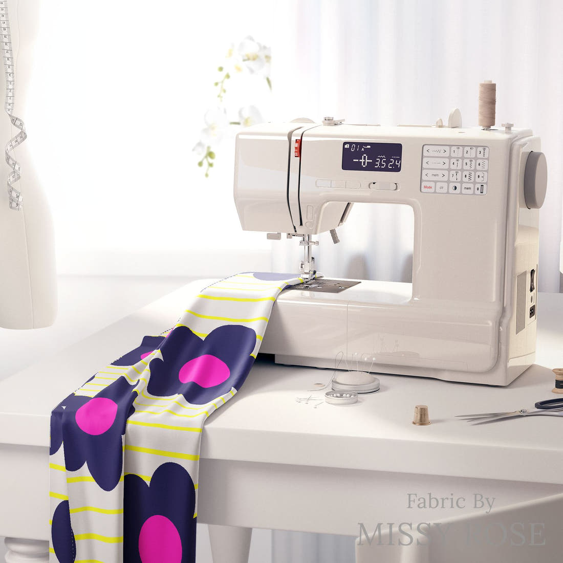 Kristina Forrest 11 on a sewing machine - premium fabric for sewing projects | Fabric by Missy Rose