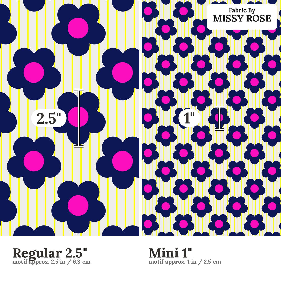 Kristina Forrest 11 Regular 2.5 inch vs Mini 1 inch print scale side by side | Fabric by Missy Rose
