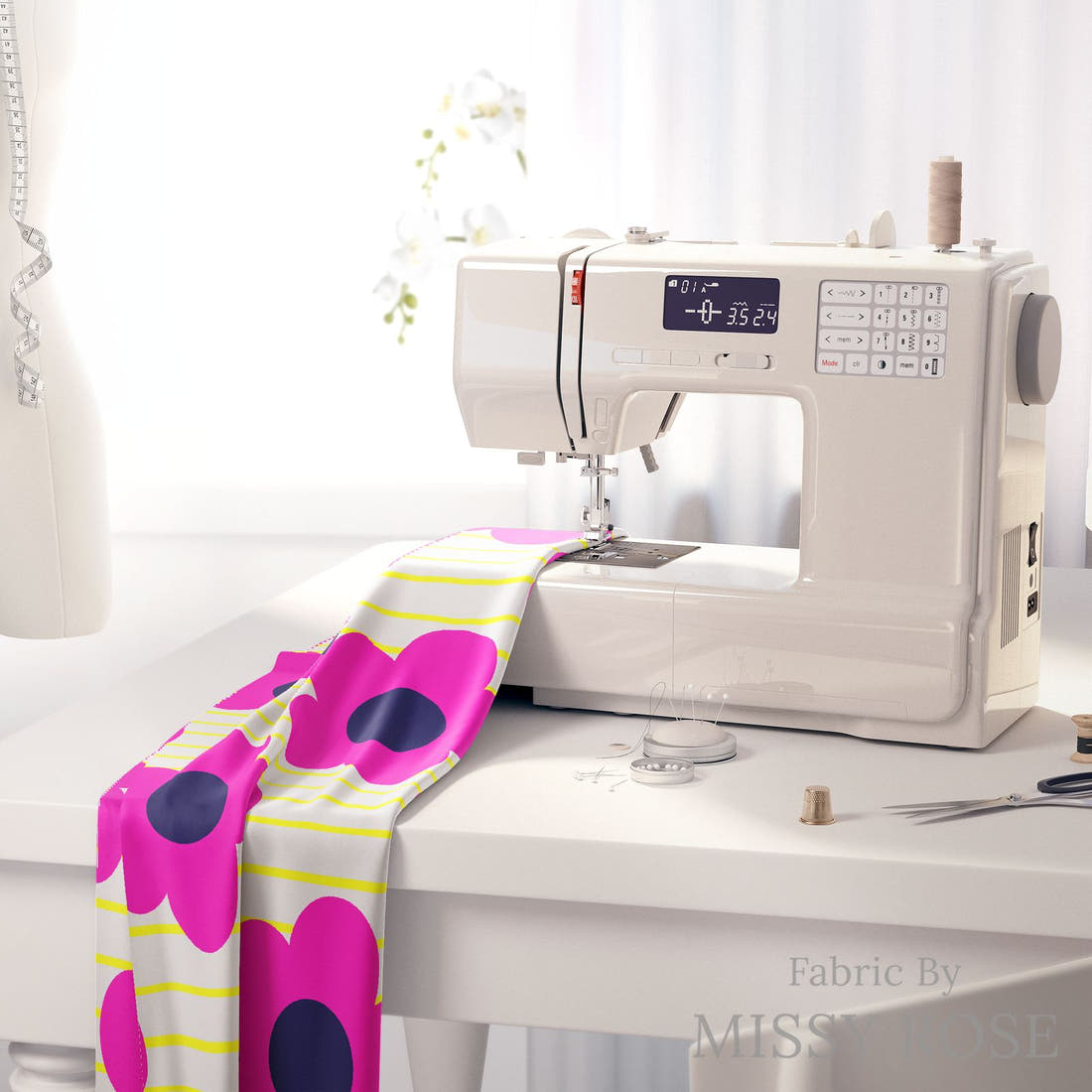 Kristina Forrest 12 on a sewing machine - premium fabric for sewing projects | Fabric by Missy Rose