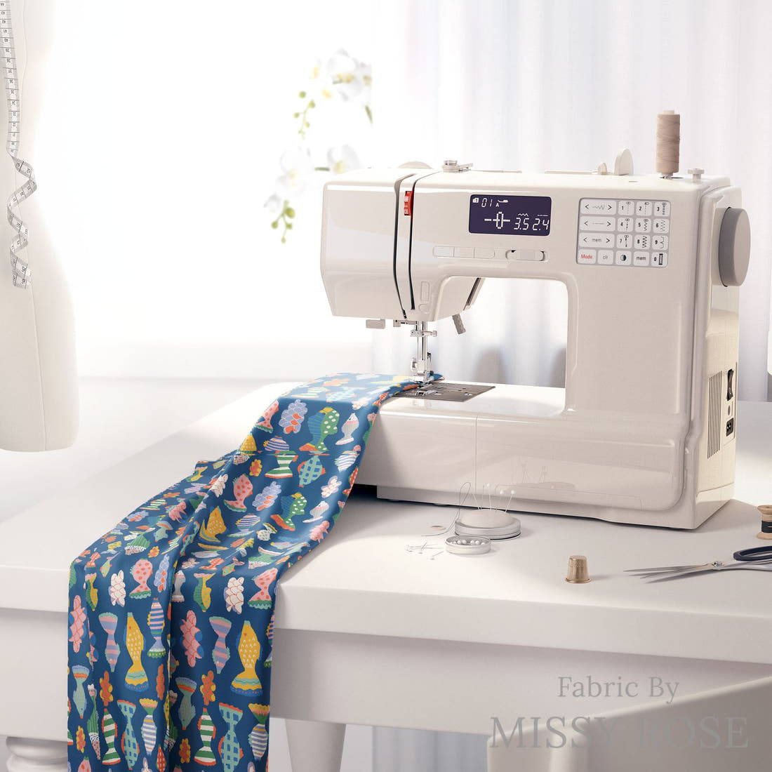 Kristina Forrest 13 on a sewing machine - premium fabric for sewing projects | Fabric by Missy Rose