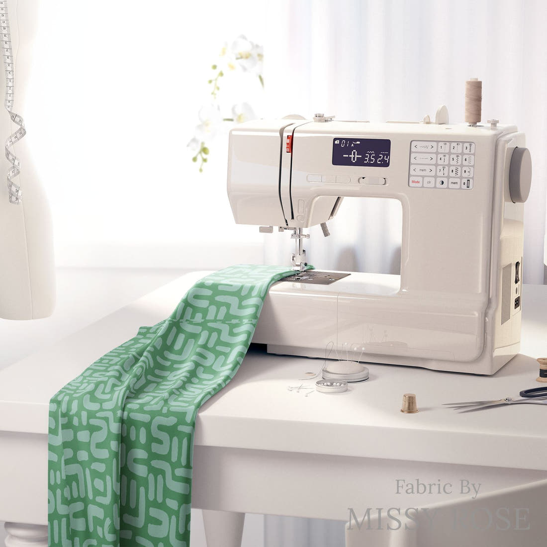 Kristina Forrest 14 on a sewing machine - premium fabric for sewing projects | Fabric by Missy Rose