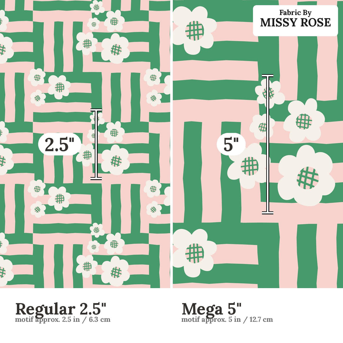 Kristina Forrest 155 Regular 2.5 inch vs Mega 5 inch print scale side by side | Fabric by Missy Rose