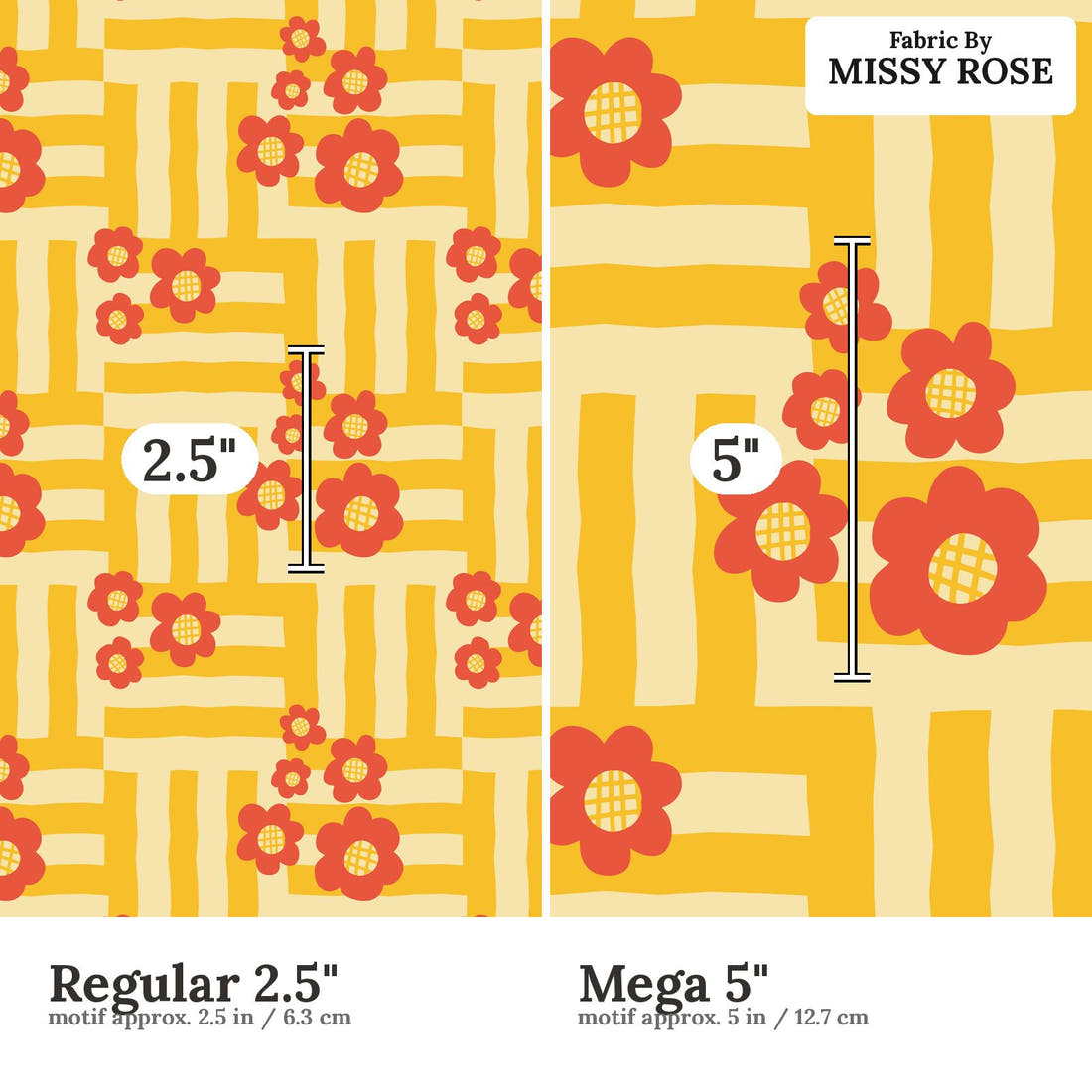 Kristina Forrest 157 Regular 2.5 inch vs Mega 5 inch print scale side by side | Fabric by Missy Rose
