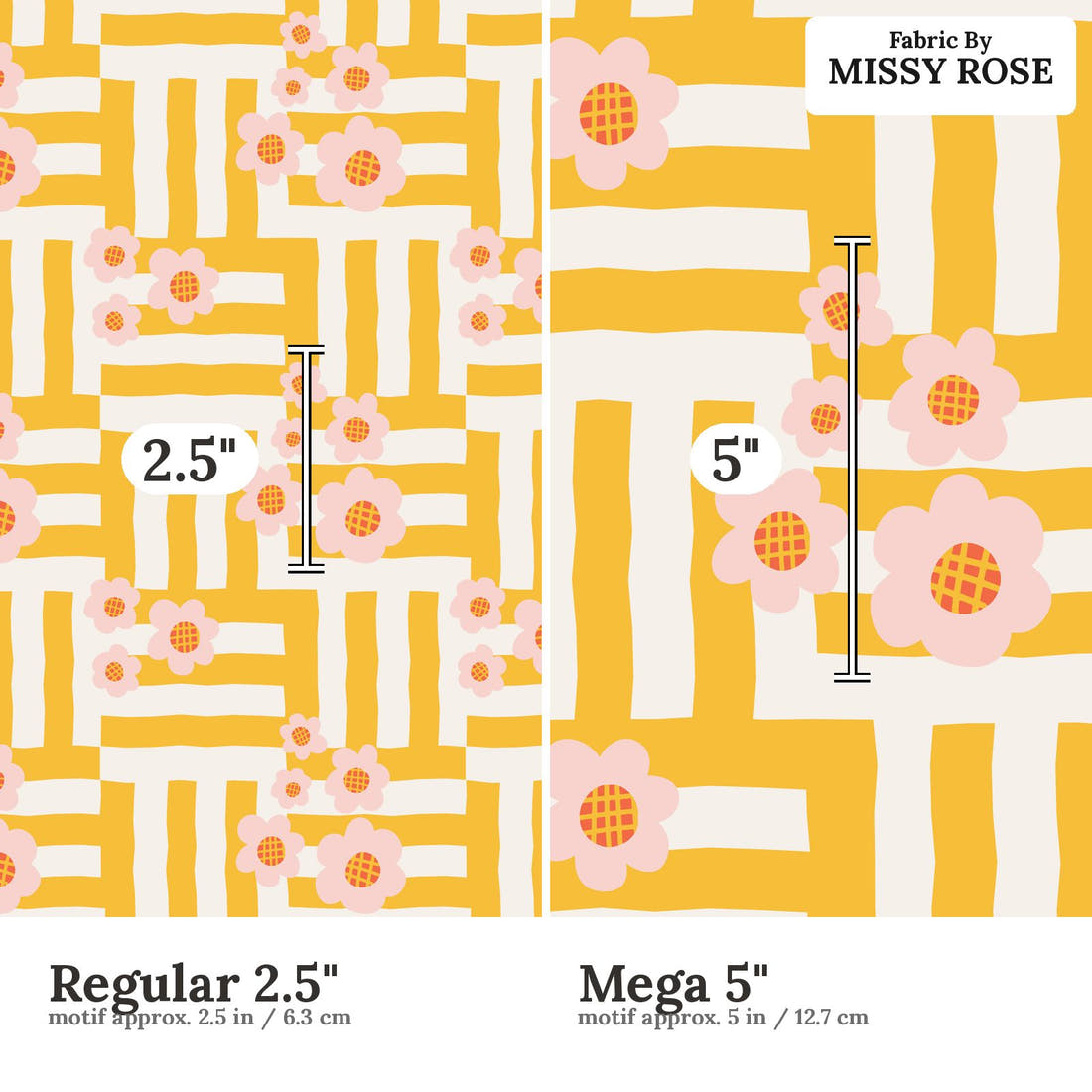 Kristina Forrest 158 Regular 2.5 inch vs Mega 5 inch print scale side by side | Fabric by Missy Rose