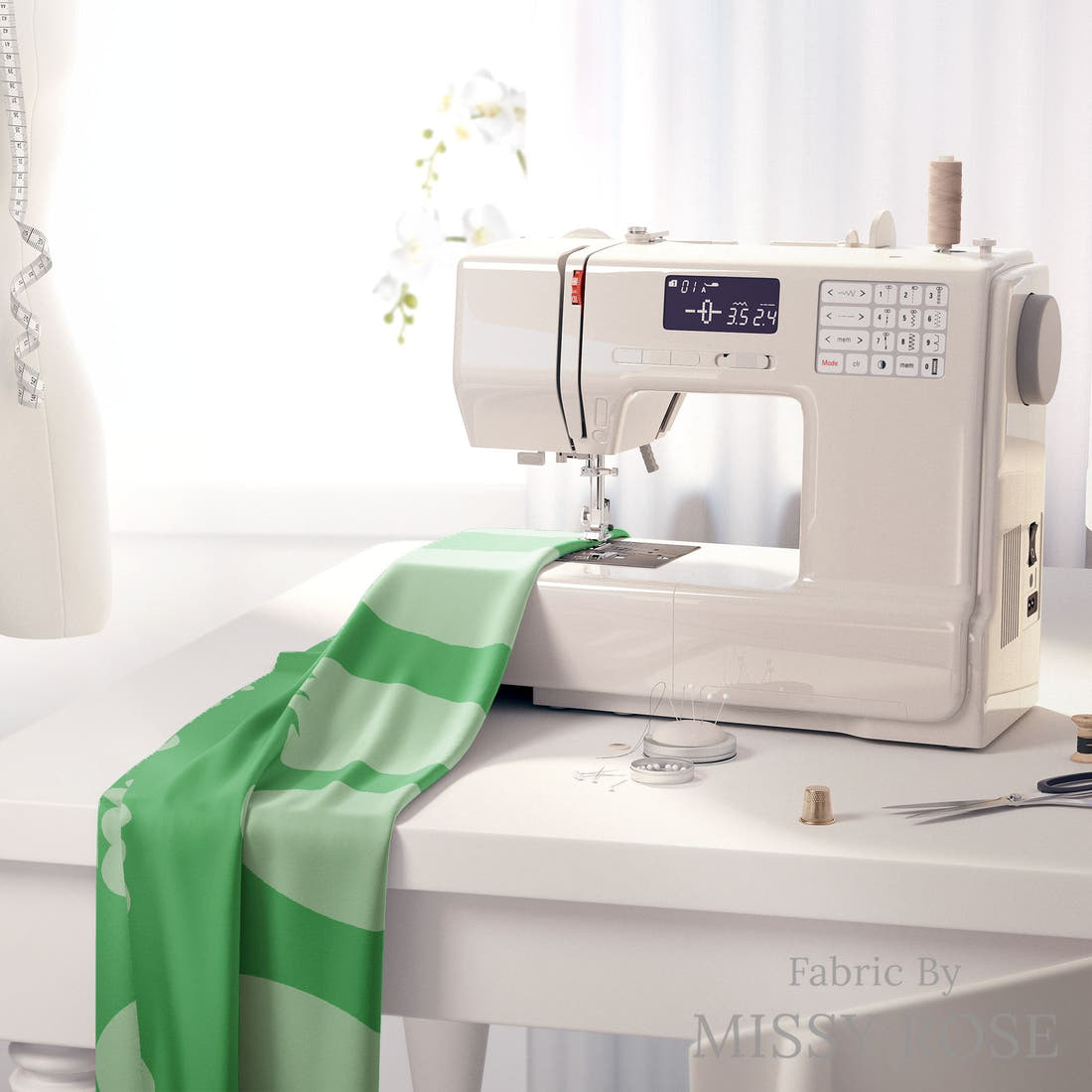 Kristina Forrest 16 on a sewing machine - premium fabric for sewing projects | Fabric by Missy Rose