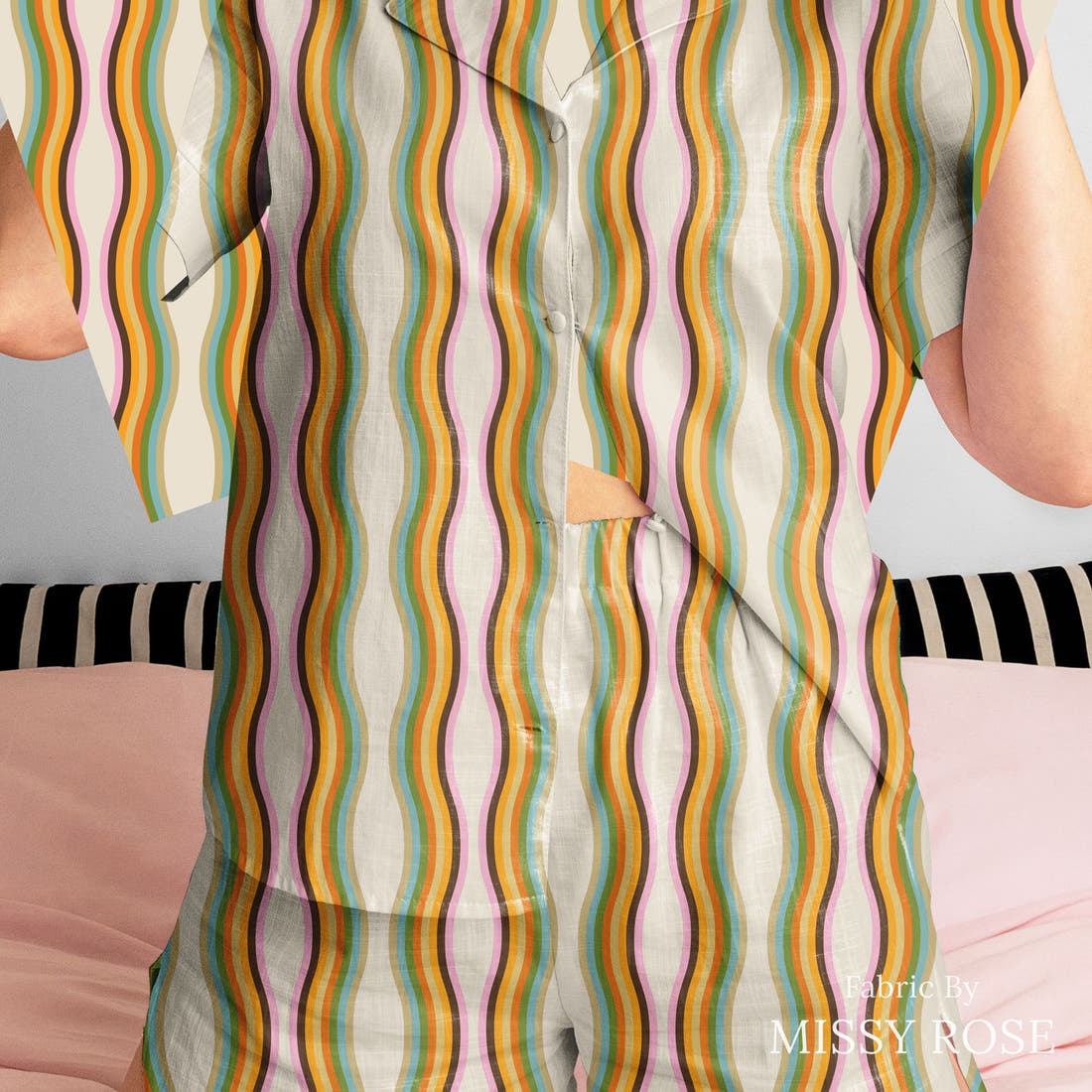 Kristina Forrest 166 sewn into a women's pyjama set - see how the print looks made up | Fabric by Missy Rose