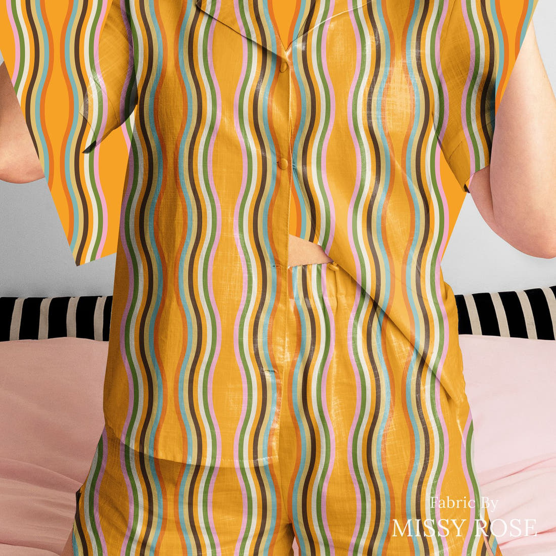 Kristina Forrest 168 sewn into a women's pyjama set - see how the print looks made up | Fabric by Missy Rose