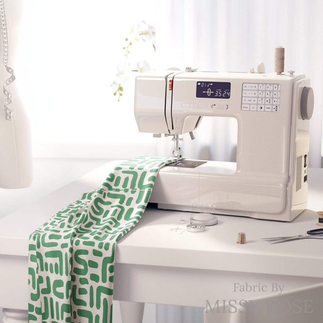 Kristina Forrest 17 on a sewing machine - premium fabric for sewing projects | Fabric by Missy Rose