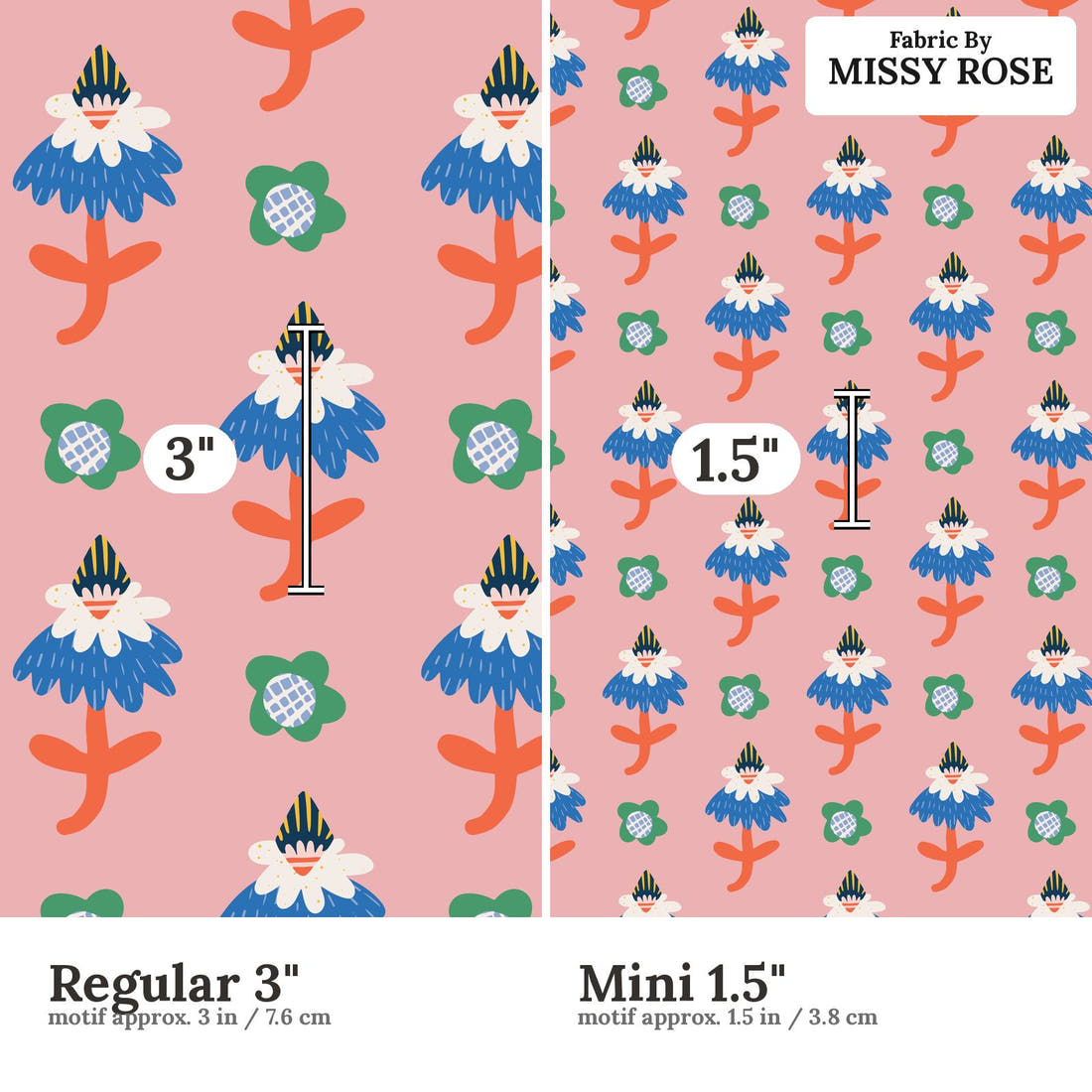Kristina Forrest 176 Regular 3 inch vs Mini 1.5 inch print scale side by side | Fabric by Missy Rose
