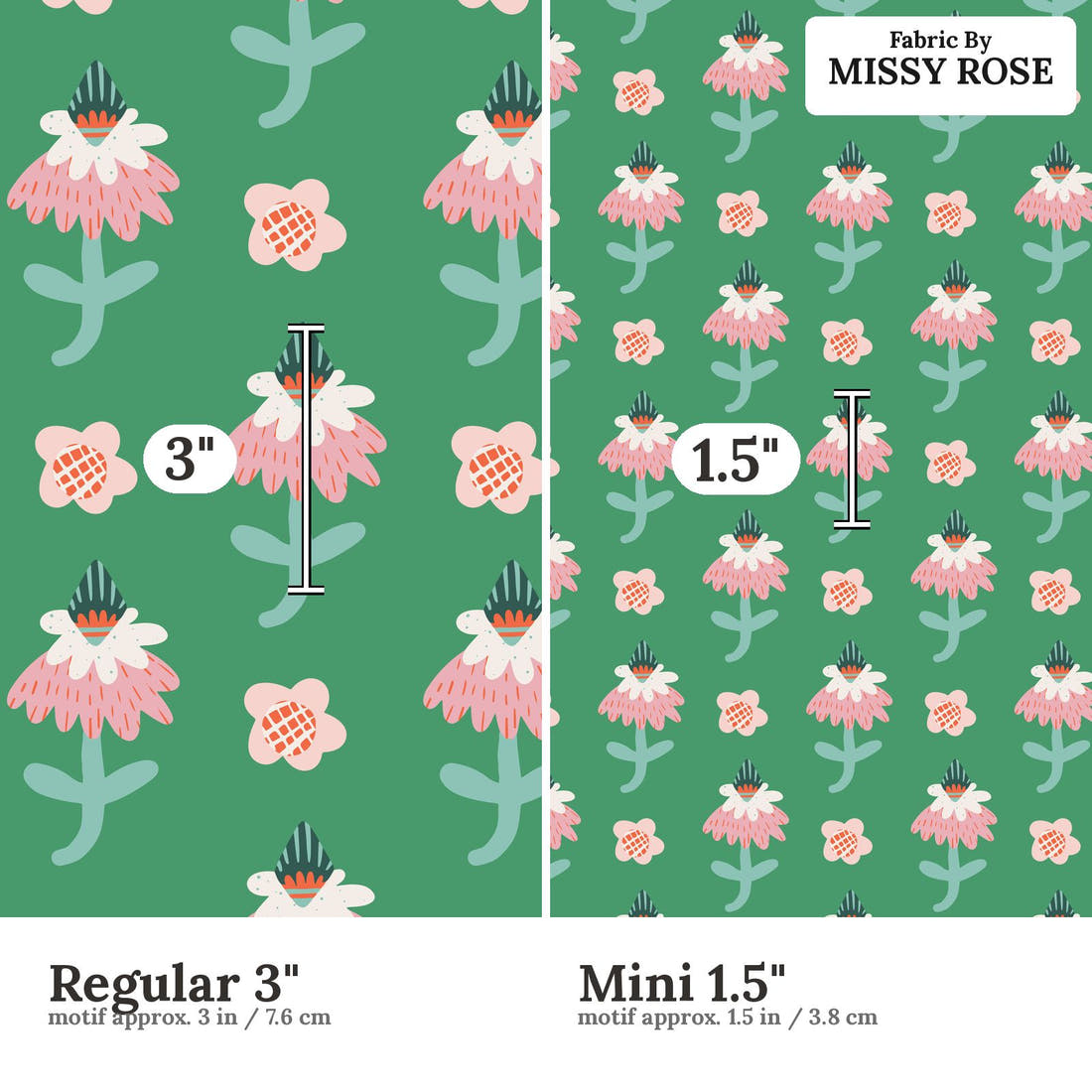 Kristina Forrest 177 Regular 3 inch vs Mini 1.5 inch print scale side by side | Fabric by Missy Rose