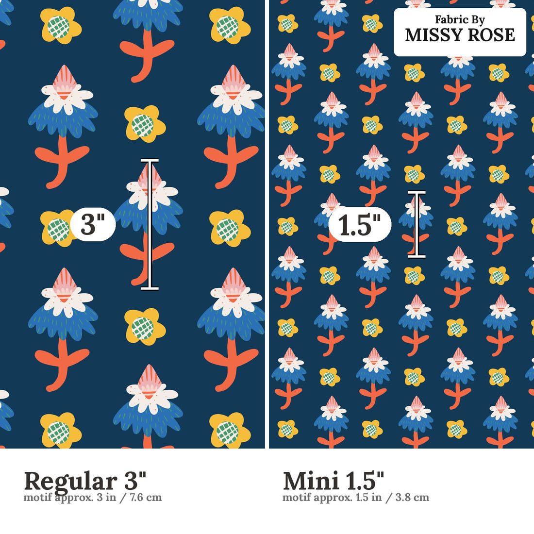 Kristina Forrest 178 Regular 3 inch vs Mini 1.5 inch print scale side by side | Fabric by Missy Rose