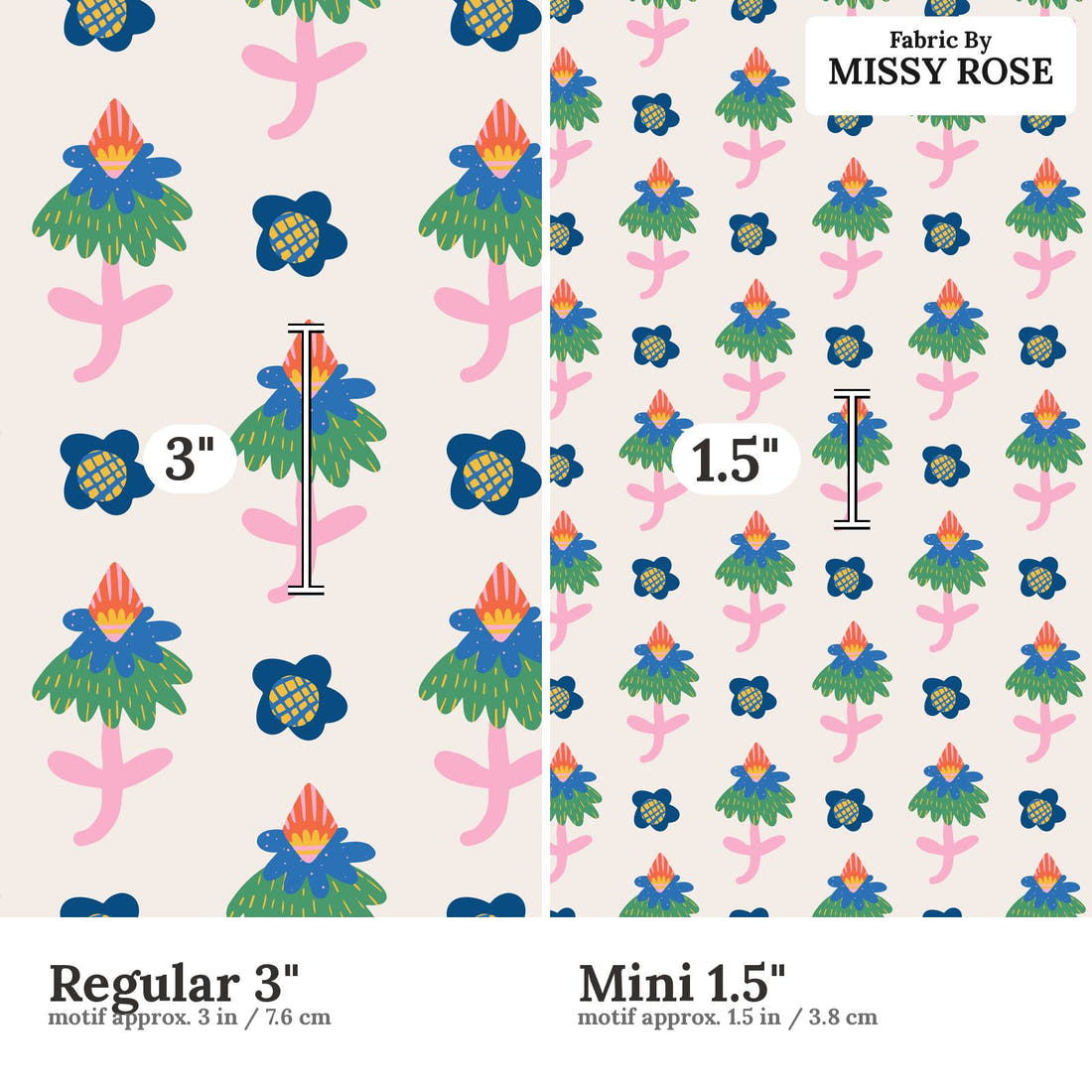 Kristina Forrest 179 Regular 3 inch vs Mini 1.5 inch print scale side by side | Fabric by Missy Rose