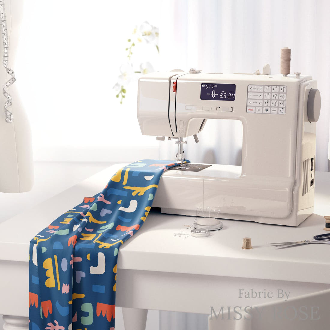 Kristina Forrest 18 on a sewing machine - premium fabric for sewing projects | Fabric by Missy Rose