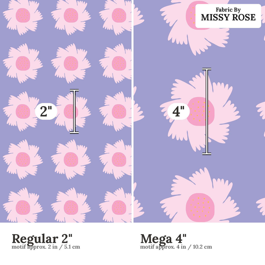 Kristina Forrest 184 Regular 2 inch vs Mega 4 inch print scale side by side | Fabric by Missy Rose