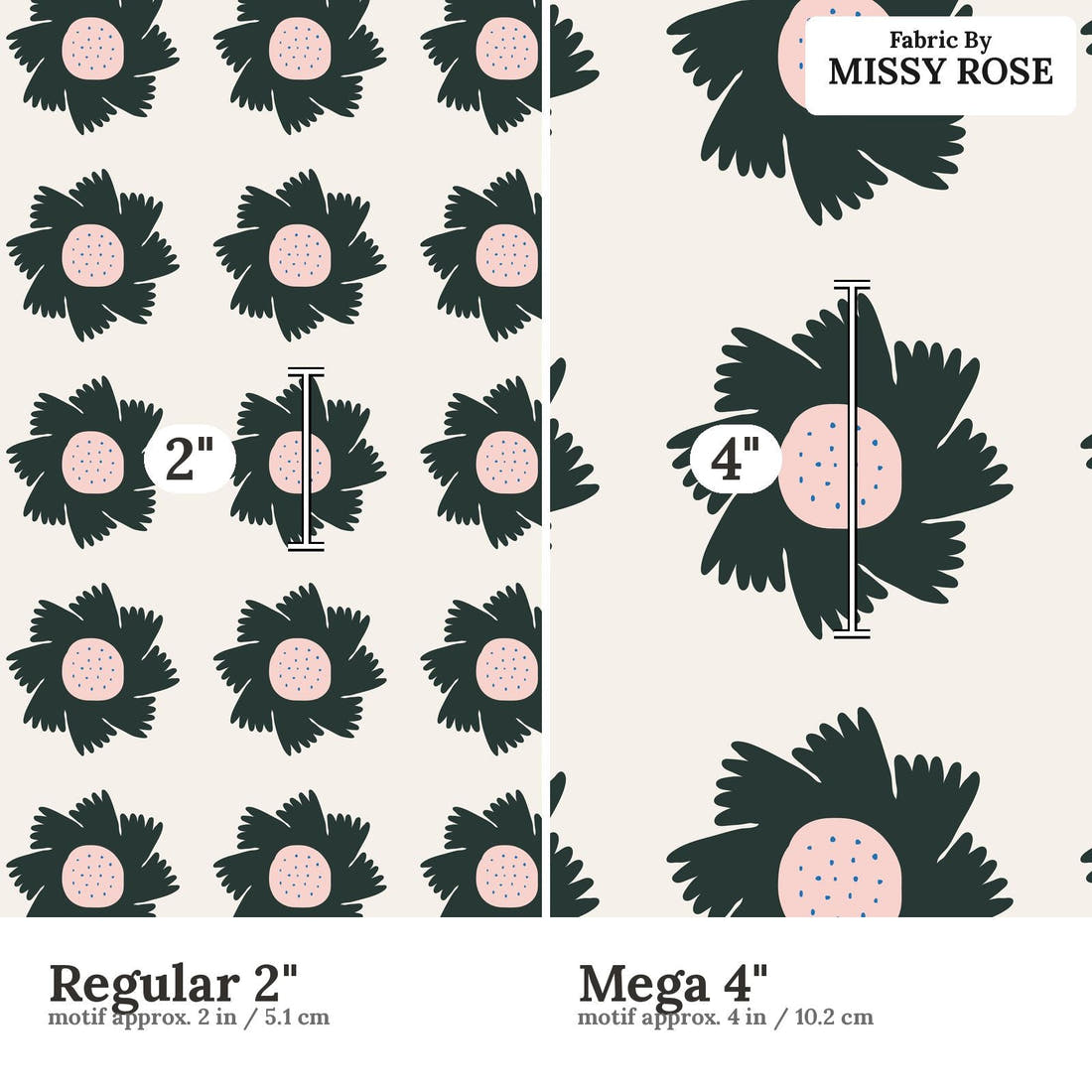 Kristina Forrest 185 Regular 2 inch vs Mega 4 inch print scale side by side | Fabric by Missy Rose