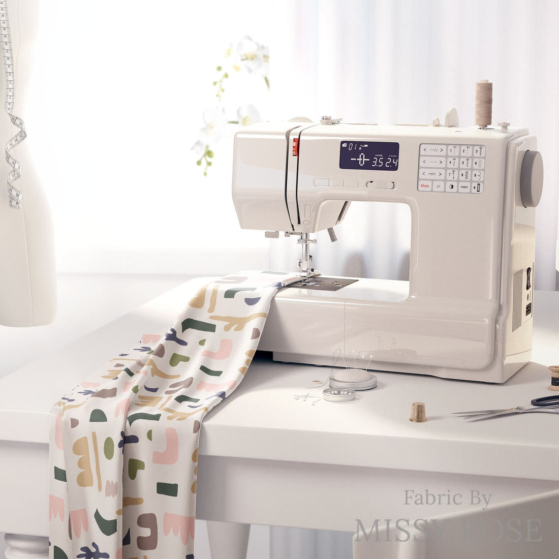 Kristina Forrest 20 on a sewing machine - premium fabric for sewing projects | Fabric by Missy Rose