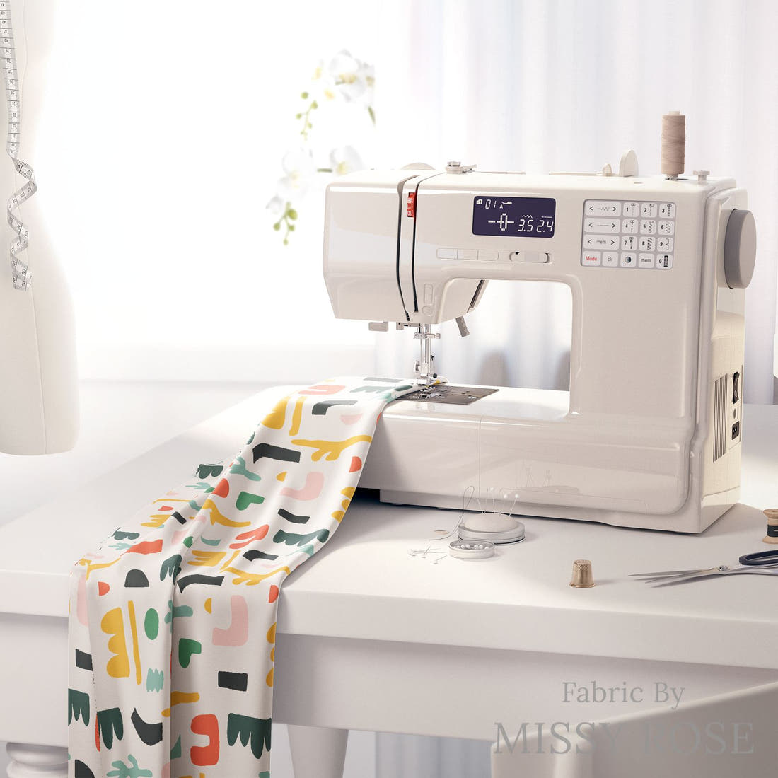 Kristina Forrest 21 on a sewing machine - premium fabric for sewing projects | Fabric by Missy Rose
