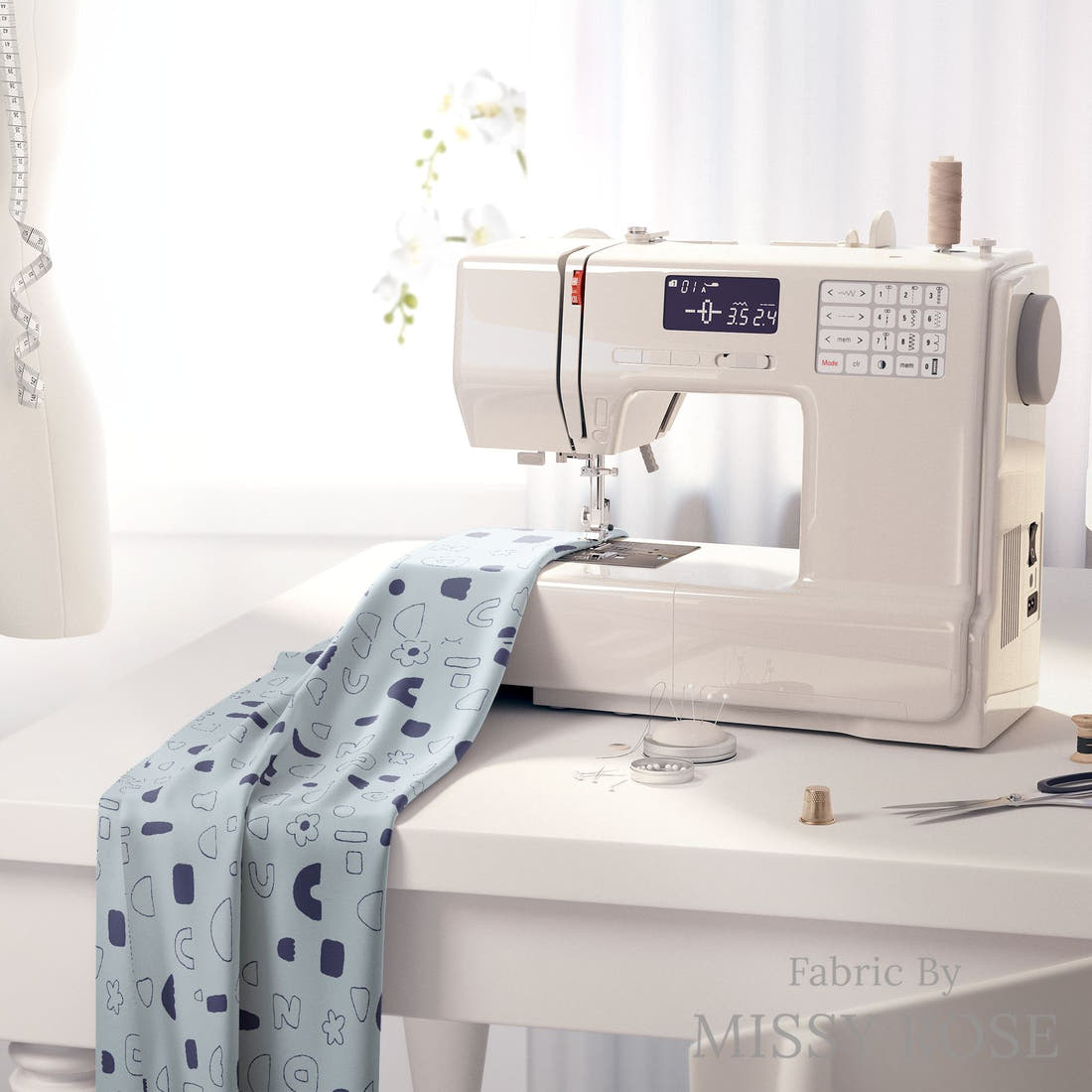 Kristina Forrest 22 on a sewing machine - premium fabric for sewing projects | Fabric by Missy Rose