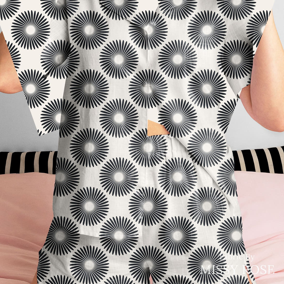 Kristina Forrest 223 sewn into a women's pyjama set - see how the print looks made up | Fabric by Missy Rose