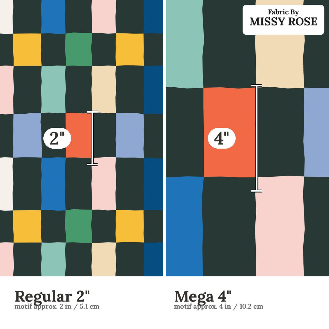 Kristina Forrest 225 Regular 2 inch vs Mega 4 inch print scale side by side | Fabric by Missy Rose