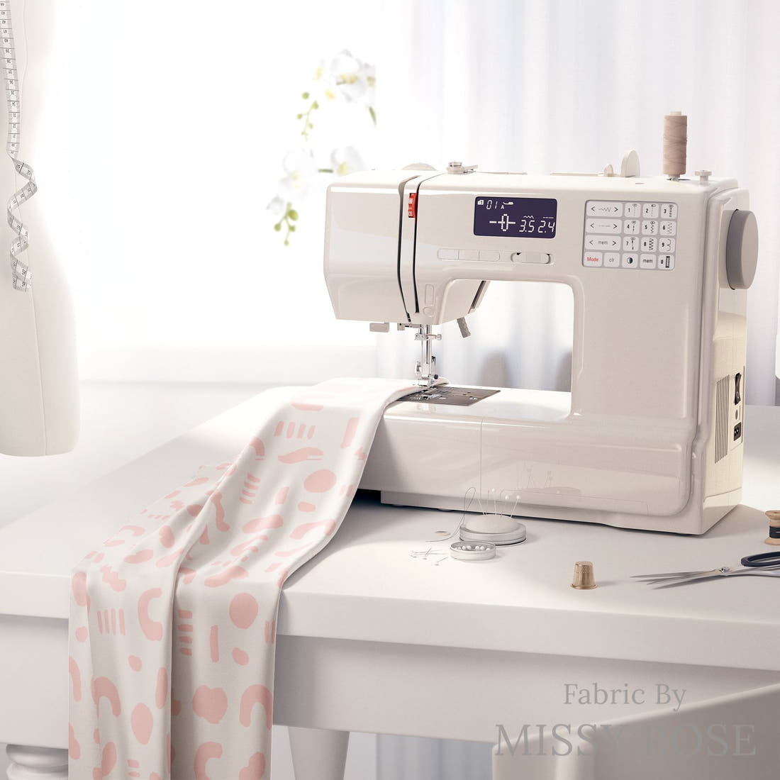 Kristina Forrest 23 on a sewing machine - premium fabric for sewing projects | Fabric by Missy Rose