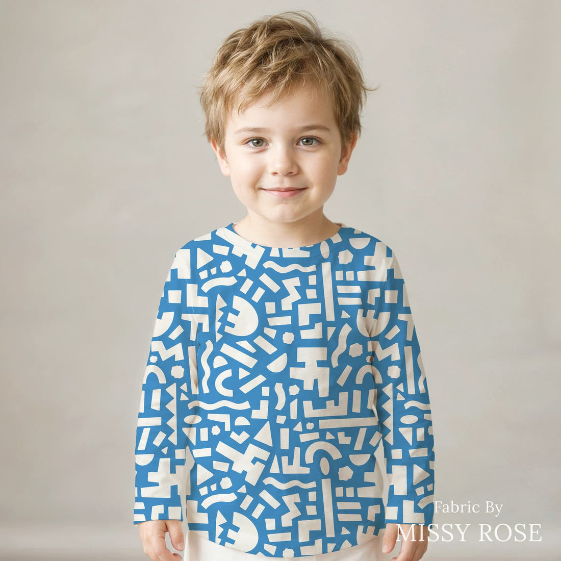 Kristina Forrest 232 sewn into a kids' all-over tee - see how the print looks made up | Fabric by Missy Rose