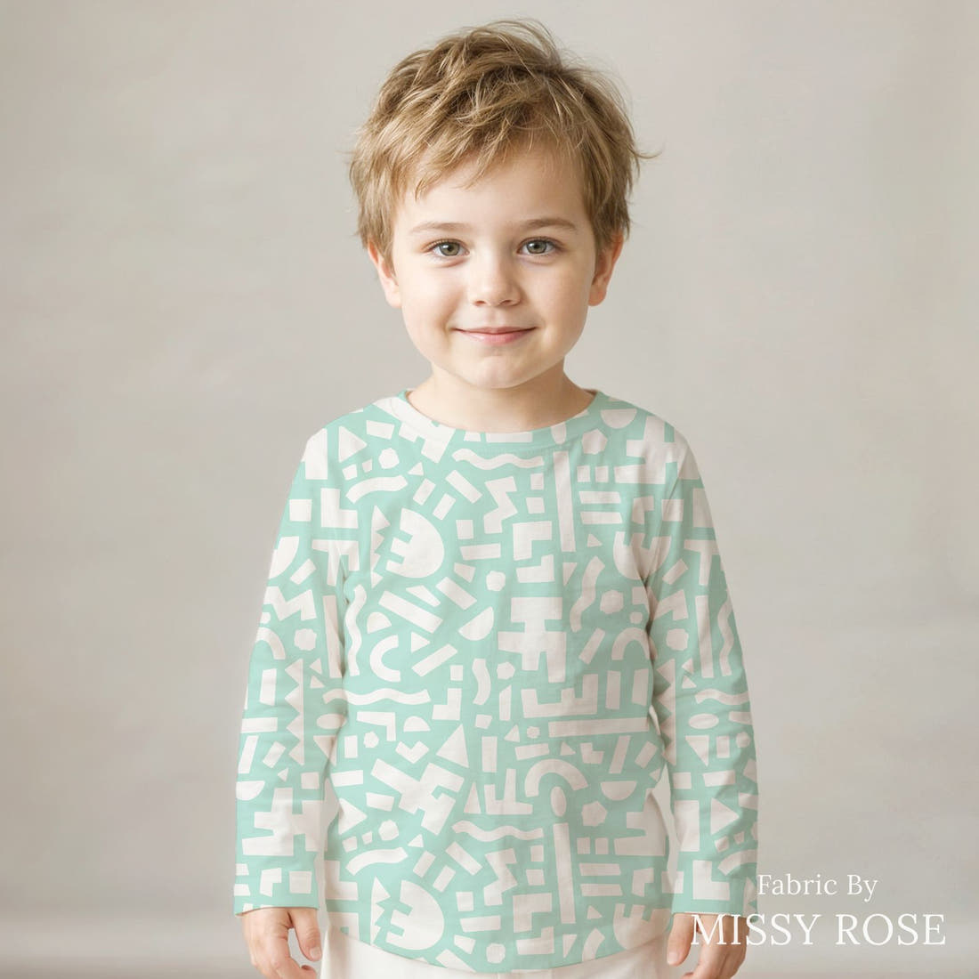Kristina Forrest 233 sewn into a kids' all-over tee - see how the print looks made up | Fabric by Missy Rose