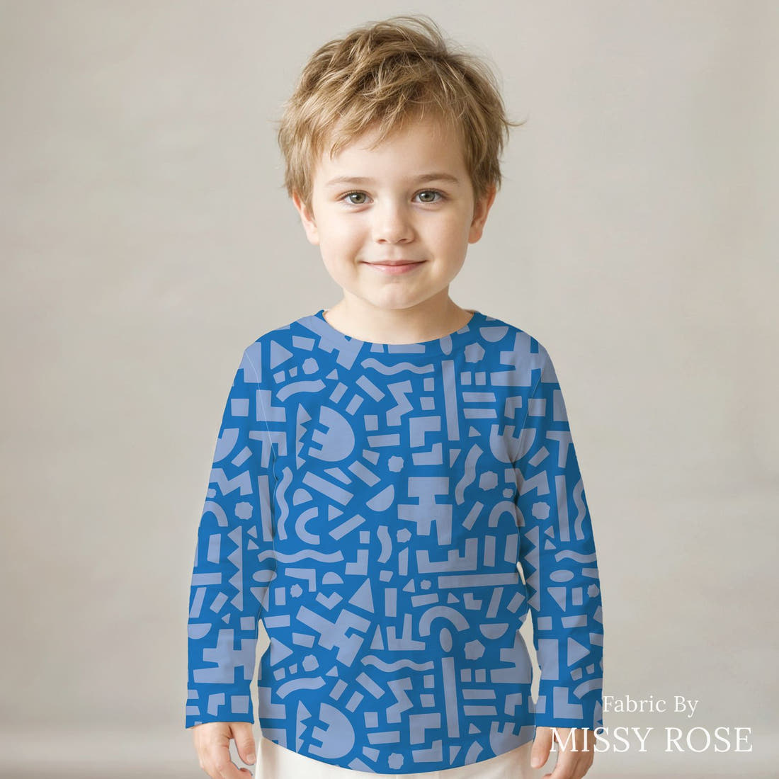 Kristina Forrest 234 sewn into a kids' all-over tee - see how the print looks made up | Fabric by Missy Rose