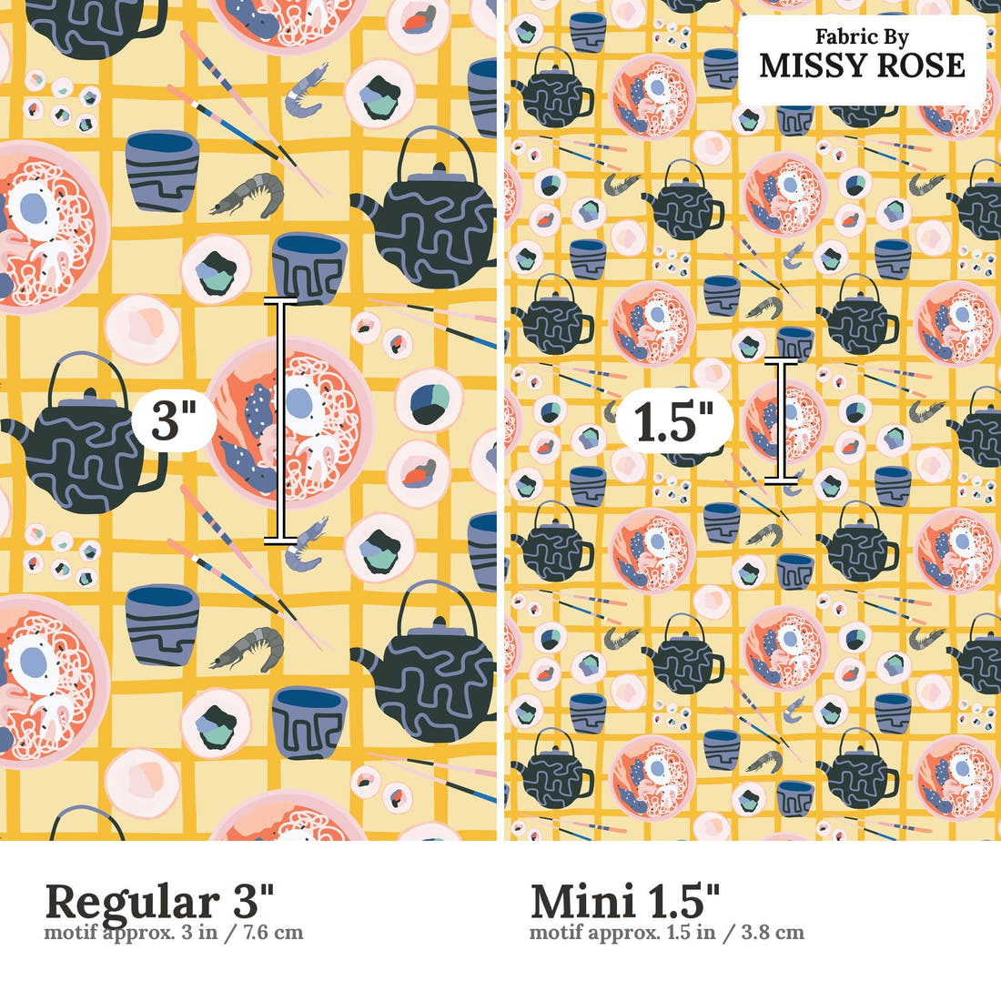 Kristina Forrest 249 Regular 3 inch vs Mini 1.5 inch print scale side by side | Fabric by Missy Rose