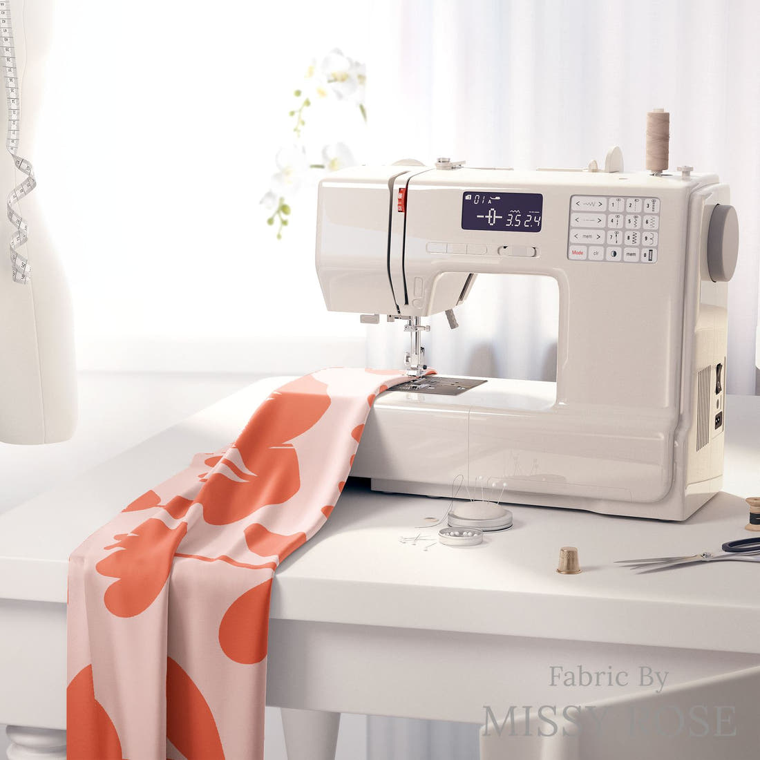 Kristina Forrest 25 on a sewing machine - premium fabric for sewing projects | Fabric by Missy Rose