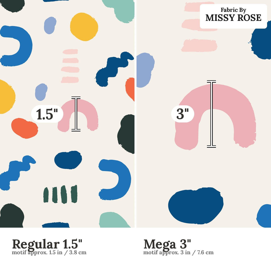 Kristina Forrest 250 Regular 1.5 inch vs Mega 3 inch print scale side by side | Fabric by Missy Rose