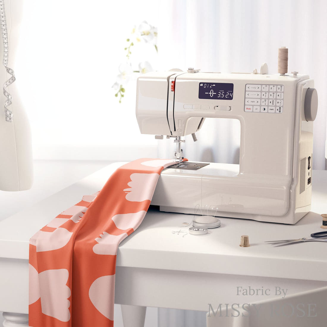 Kristina Forrest 26 on a sewing machine - premium fabric for sewing projects | Fabric by Missy Rose