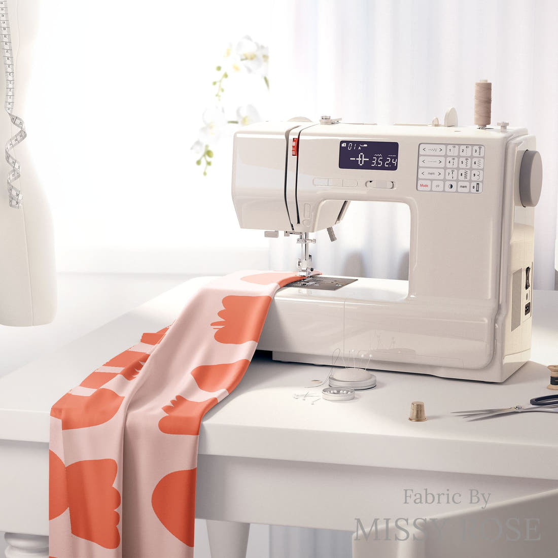 Kristina Forrest 27 on a sewing machine - premium fabric for sewing projects | Fabric by Missy Rose