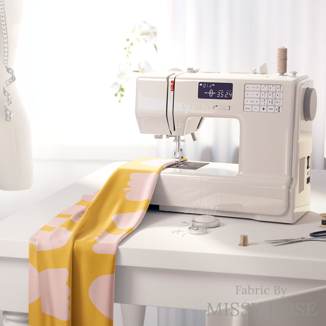 Kristina Forrest 28 on a sewing machine - premium fabric for sewing projects | Fabric by Missy Rose