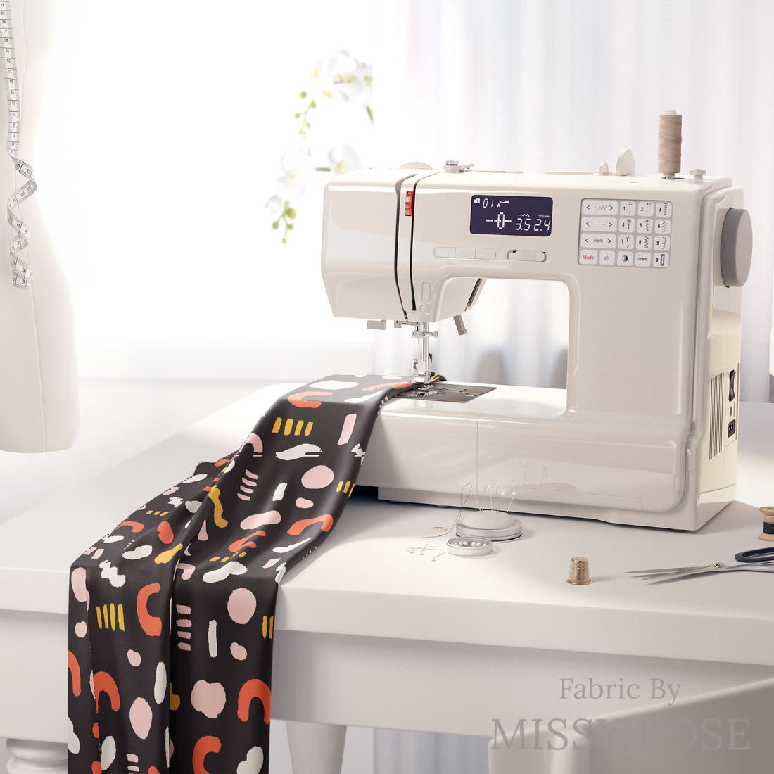 Kristina Forrest 29 on a sewing machine - premium fabric for sewing projects | Fabric by Missy Rose