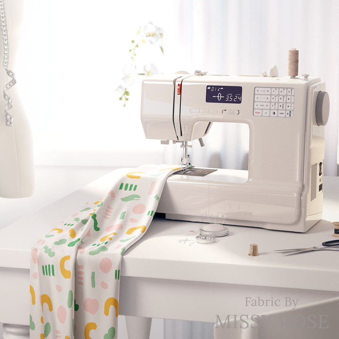 Kristina Forrest 30 on a sewing machine - premium fabric for sewing projects | Fabric by Missy Rose