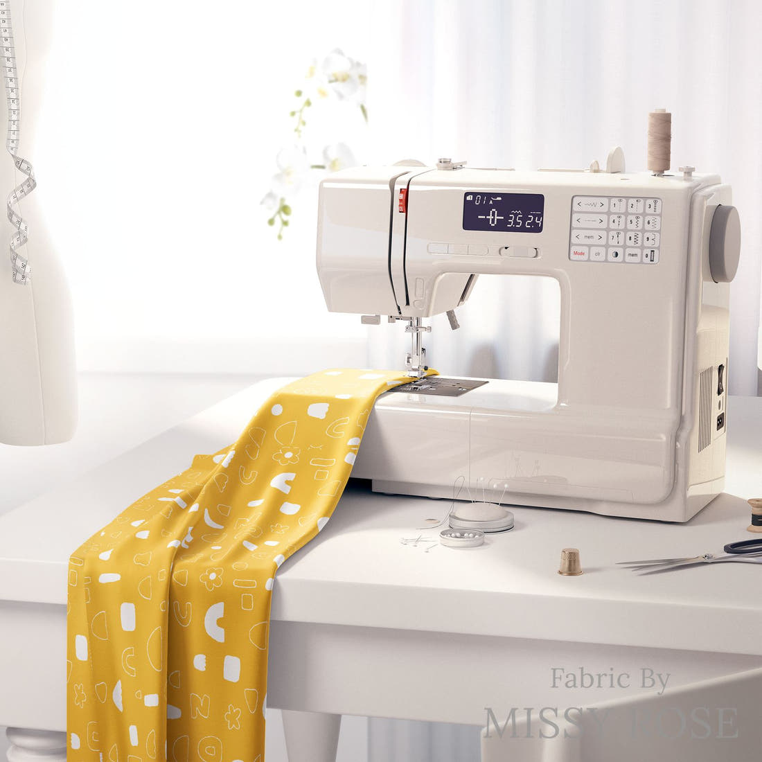 Kristina Forrest 33 on a sewing machine - premium fabric for sewing projects | Fabric by Missy Rose